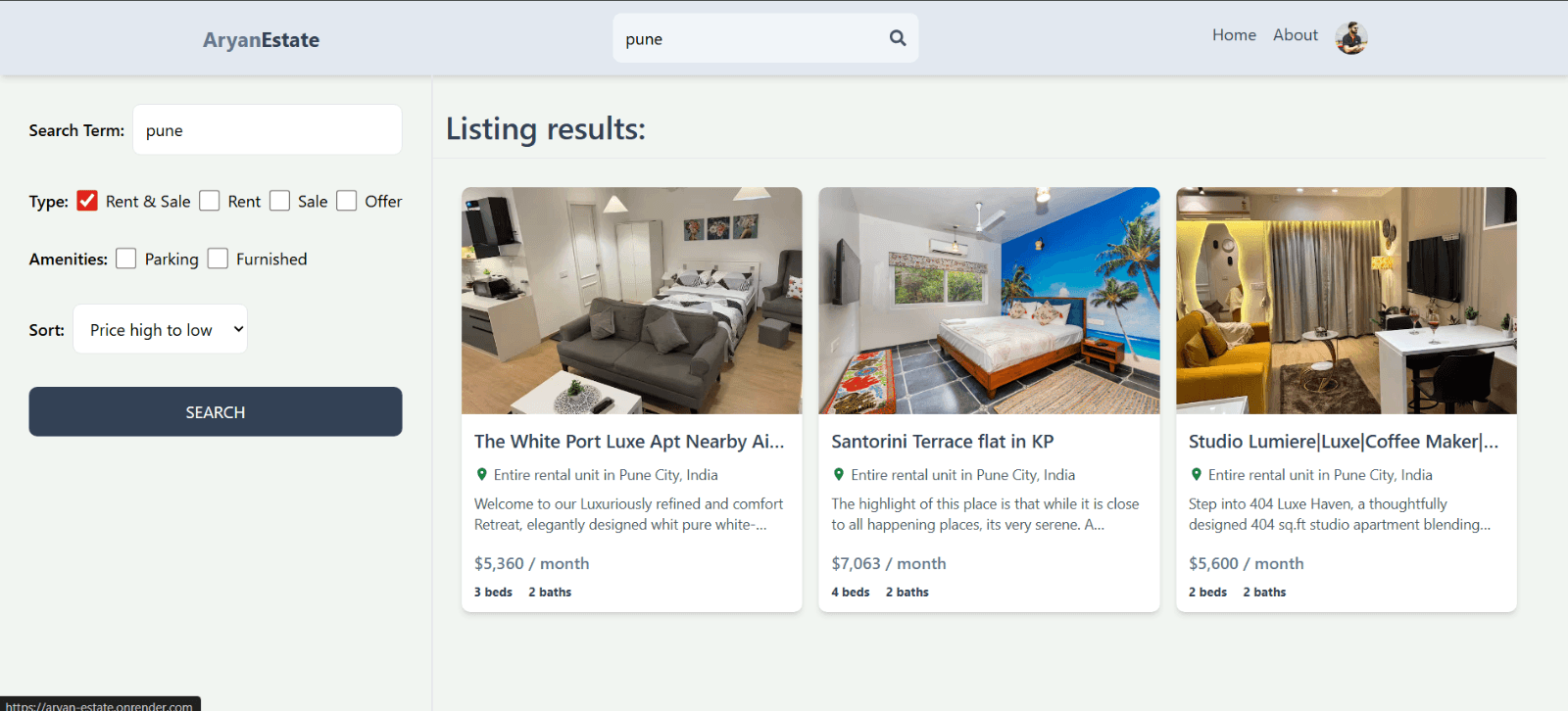 Dark mode preview image for Aryan Estate - A real estate platform